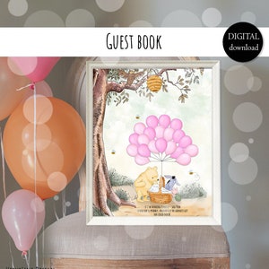 Livre d&#39;or alternatif classique Fête de naissance de Winnie l&#39;ourson avec 20 ballons roses, affiche du livre d&#39;or Signature en téléchargement numérique 0001 HAW