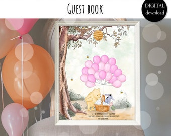 Alternative Guest Book Classic Winnie the Pooh Baby Shower Party with 20 Pink Balloons Signature Guest Book Poster Digital Download 0001 HAW