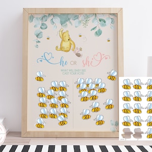 Classic Winnie the Pooh Baby Shower Gender Reveal Game He or She Guess Boy or Girl Eucalyptus branch Design Instant Download 16x20 0001.5