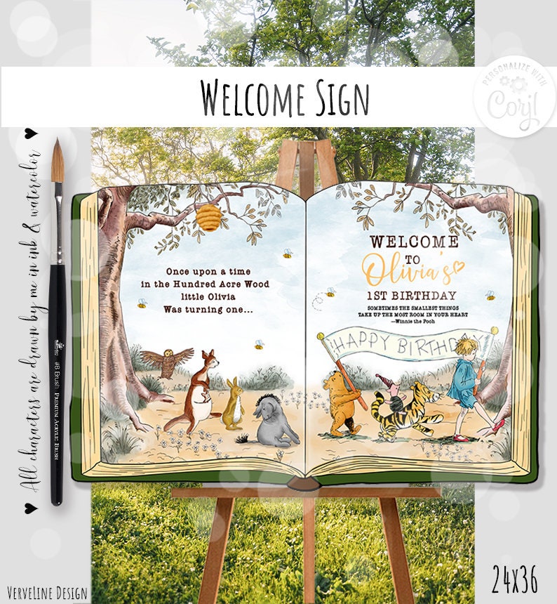 K&ouml;nnte beinhalten: Ein Willkommens-Schild zum Thema Winnie Puuh f&uuml;r eine erste Geburtstagsfeier. Das Schild ist ein Buch mit einem gr&uuml;nen Einband und einer Aquarell-Illustration von Winnie Puuh und seinen Freunden. Der Text auf dem Schild lautet "Willkommen zu Olivias 1. Geburtstag. Manchmal nehmen die kleinsten Dinge den meisten Platz in deinem Herzen ein - Winnie Puuh."