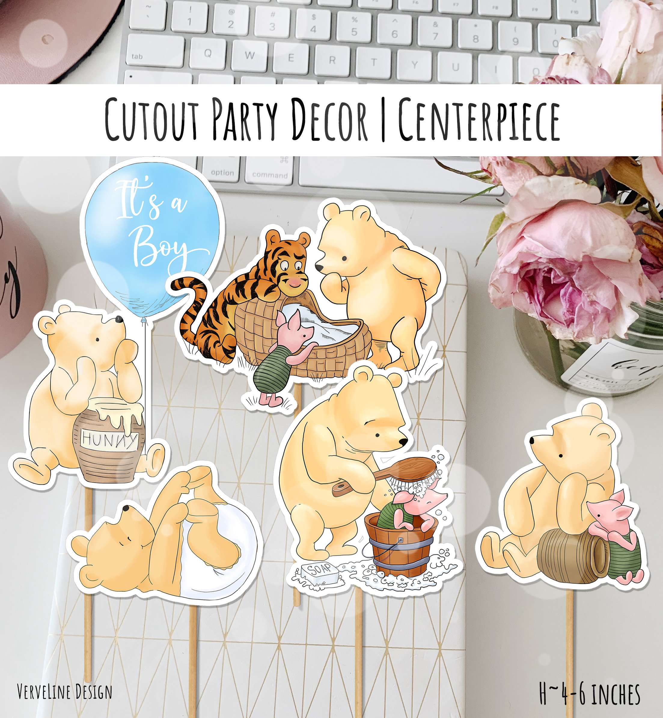 Cake Toppers | Centerpieces Set in a Classic Winnie the Pooh Theme for a Boy Baby Shower | Hand drawn design Double Sided DIGITAL 0001