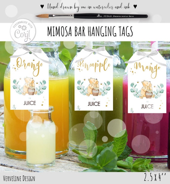 Editable Mimosa Bar Label Tags for Juice Carafe for Winnie the Pooh Themed  Birthday or Baby Shower Party Corjl 0001 EB1 