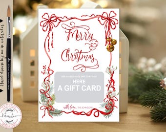 Editable Christmas Holiday Gift Card Holder Hand drawn Art Merry Christmas Card with your Gift Card Watercolor Red ribbon Bow Mistletoe 0024