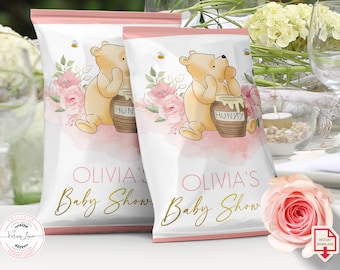 Sac à puces modifiable pour une baby shower girl Winnie Pooh classique | Emballage décoratif pour collation pour cadeaux, étiquette numérique vintage ours rose fleur | 0001.9