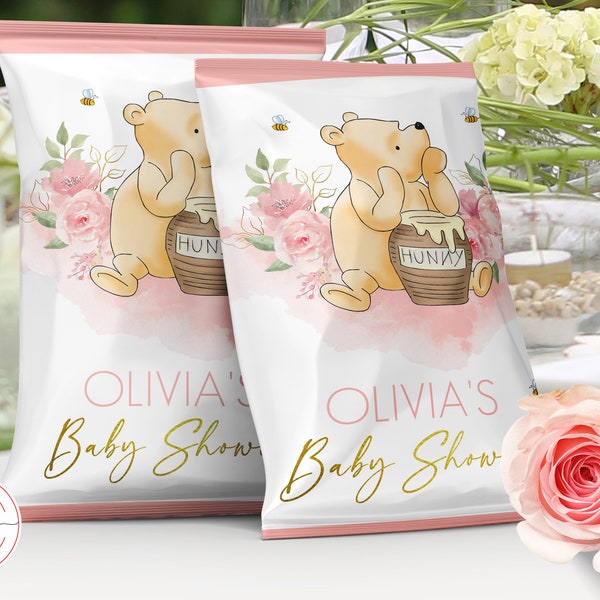Bewerkbaar zakje voor een klassiek Winnie Pooh-babyshowermeisje | Decor Snackverpakking gunsten digitaal label vintage beer roze bloem | 0001.9