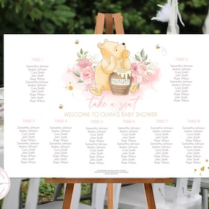 Stoelindeling Klassiek Winnie de Pooh Babyshower meisje baby bewerkbaar bord roze bloemen Goudfolie splash ontwerp 36 x 24 0001.9
