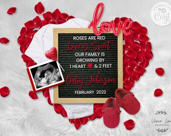 Editable Pregnancy announcement  for Social Media, Valentine's Baby Girl Boy Announcement Roses are red Love is Sweet DIGITAL template Corjl