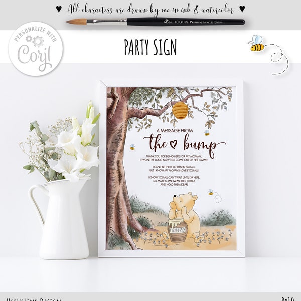 Message from the Bump Editable Table Sign in a Classic Winnie the Pooh style | Baby Shower Party, 8x10", Hundred Acre Wood Design | 0001 HAW