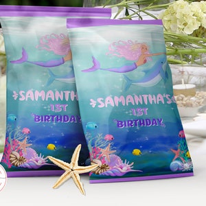 Bearbeitbare Chip Tasche für ein Meerjungfrau-Geburtstagskind | dekorationen unter dem Meer-Lache-Gastgeschenke | Dekor Snack Digital | Rosa-Lila 0026