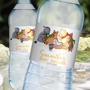 Etichette modificabili classiche per bottiglie d'acqua Winnie The Pooh, baby shower invernale, design invernale vintage con orso Pooh, download immediato 0001.15