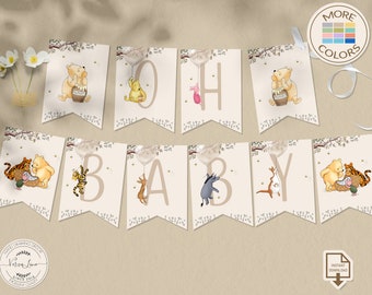 Banner "OH BABY" Vintage Winnie the Pooh Baby Shower Editable Niño Niña Cualquier texto Pooh Globo Guirnalda Decoraciones Dulce Diseño 0001S
