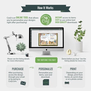 K&ouml;nnte beinhalten: Eine Grafik, die zeigt, wie man Corjl verwendet, ein Online-Tool zum Personalisieren und Herunterladen druckbarer Designs. Die Grafik zeigt einen Computerbildschirm mit einem Beispiel-Design, einen gr&uuml;nen Button mit der Aufschrift "Vor dem Kauf ausprobieren" und drei Schritte: Kaufen, Personalisieren und Drucken.