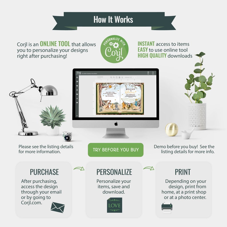 K&ouml;nnte beinhalten: Eine Grafik, die zeigt, wie man Corjl verwendet, ein Online-Tool zum Personalisieren und Herunterladen druckbarer Designs. Die Grafik zeigt einen Computerbildschirm mit einem Beispiel-Design, einen gr&uuml;nen Button mit der Aufschrift "Vor dem Kauf ausprobieren" und drei Schritte: Kaufen, Personalisieren und Drucken.