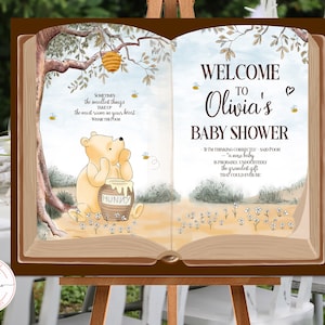 Cartello di benvenuto modificabile Classico Winnie the Pooh con vaso di miele Libro aperto Baby Shower Ragazzo Ragazza Hundred Acre Wood Design 0001 HAW