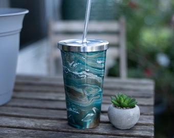 20oz  Blue and Gold Tumbler, Resin Tumbler, Unique Gift, Bridesmaid tumblers, Custom Tumbler, Straw Tumbler, Teal Cup, To Go Cup, Iced