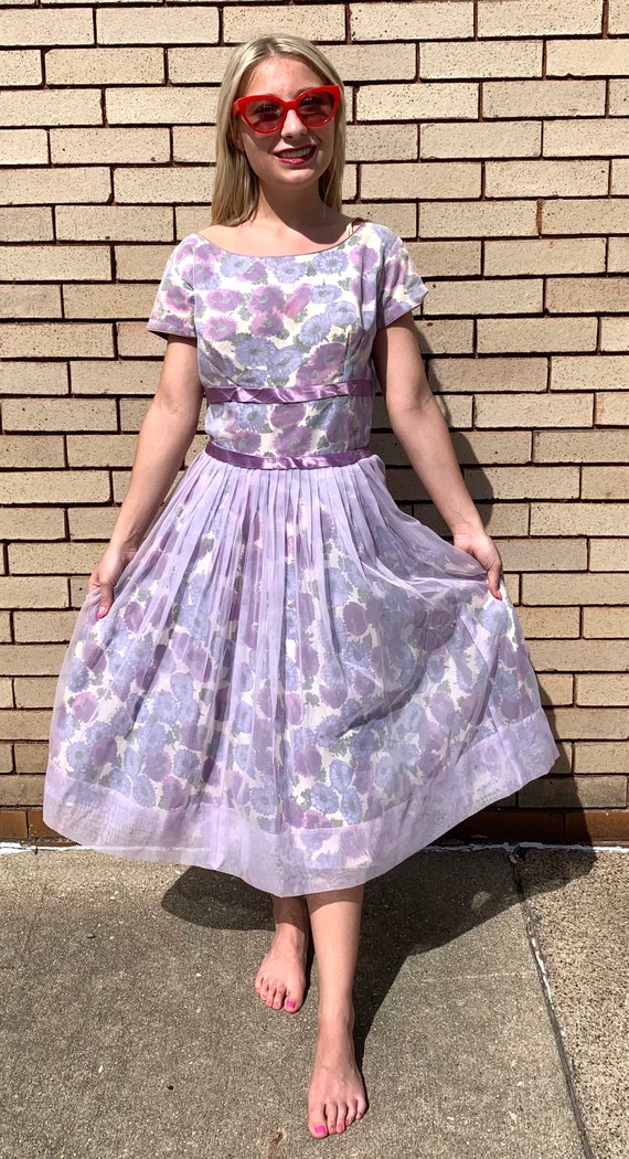 50's Vintage Purple Full Skirt New Look Garden Pa… - image 2