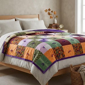 May include: A patchwork quilt featuring a grid of squares in shades of orange, green, purple, and white, with some squares displaying floral or fruit patterns. The quilt is accented with small purple fabric ties at each corner of the squares.