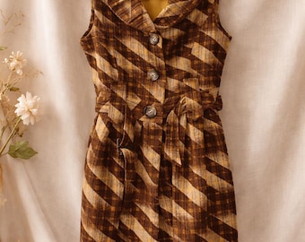 Vintage 70s Mod Sleeveless Vest Dress M/L | Brown Geometric Print Button Front Mini Dress | Retro Collared Belted Waistcoat Dress
