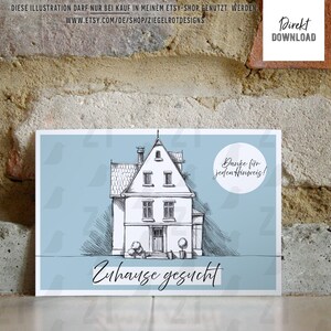 Maison en style croquis, bleu clair, illustration pour la recherche de maison, pour les petites annonces, cartes postales, flyer, téléchargement instantané, numérique