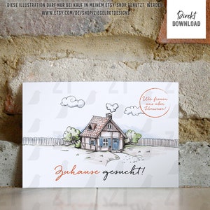 Landhaus am Gartenzaun, Zuhause gesucht, Illustration für Haussuche, für Kleinanzeigen, Postkarten, Flyer, Sofort-Download, Digital