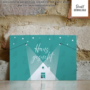 Casa nel cono di luce, casa perquisita, variante verde acqua per la ricerca della casa, per classifiedads, cartoline, volantino, download istantaneo, prodotto digitale