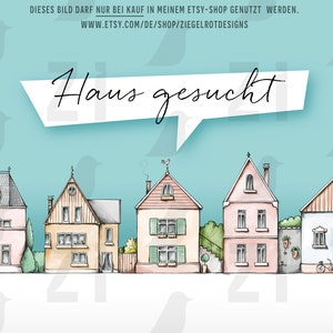Jolies maisons de ville avec girouette, maison recherchée, dessin au trait variante, pour petites annonces, cartes postales, dépliants, téléchargement instantané, numérique
