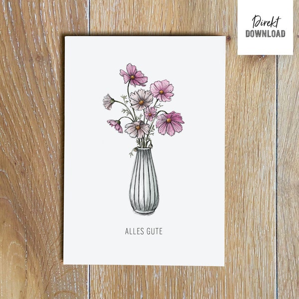 Printable folding card ›Flower Vase‹, greeting card template with illustration with lettering ›Alles Gute‹