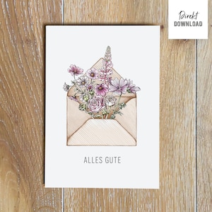 File di stampa per biglietto pieghevole Auguri di tutto cuore con fiori in una busta, biglietto di auguri da stampare e realizzare