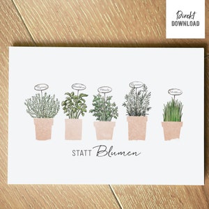 Stampa il biglietto pieghevole 'Vasi di erbe aromatiche al posto dei fiori', biglietto di auguri da stampare e creare