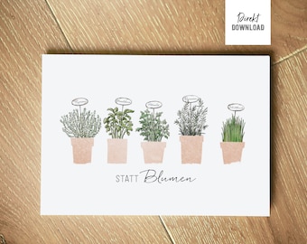 Print file card money gift herb pots instead of flowers, voucher card to print and craft, gift idea kitchen herbs