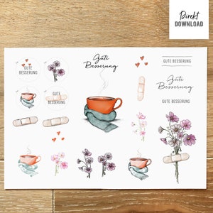 Bastelbogen Gute Besserung mit Blumen, Pflaster, Teetasse, Schriftzüge zum selbst Ausdrucken, Ausschneiden und Basteln