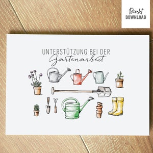 Vale de jardinería para manualidades, tarjeta de regalo, tarjeta plegable para imprimir usted mismo, idea de regalo para propietarios de jardines, archivo para imprimir