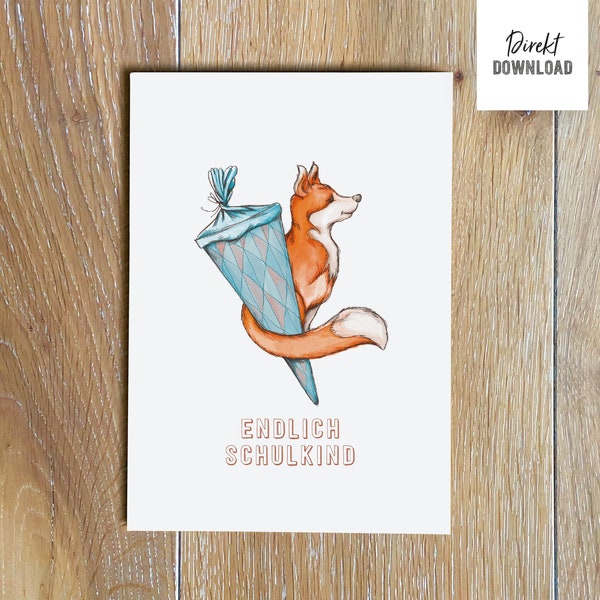 Card for school enrollment with fox and school cone, lettering Finally a schoolchild, folding card craft