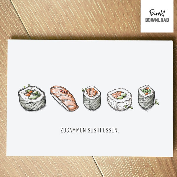 Printable Klappkarte ›Zusammen Sushi essen.‹ Illustration mit Sushi, Gutscheinkarte, Grußkarte