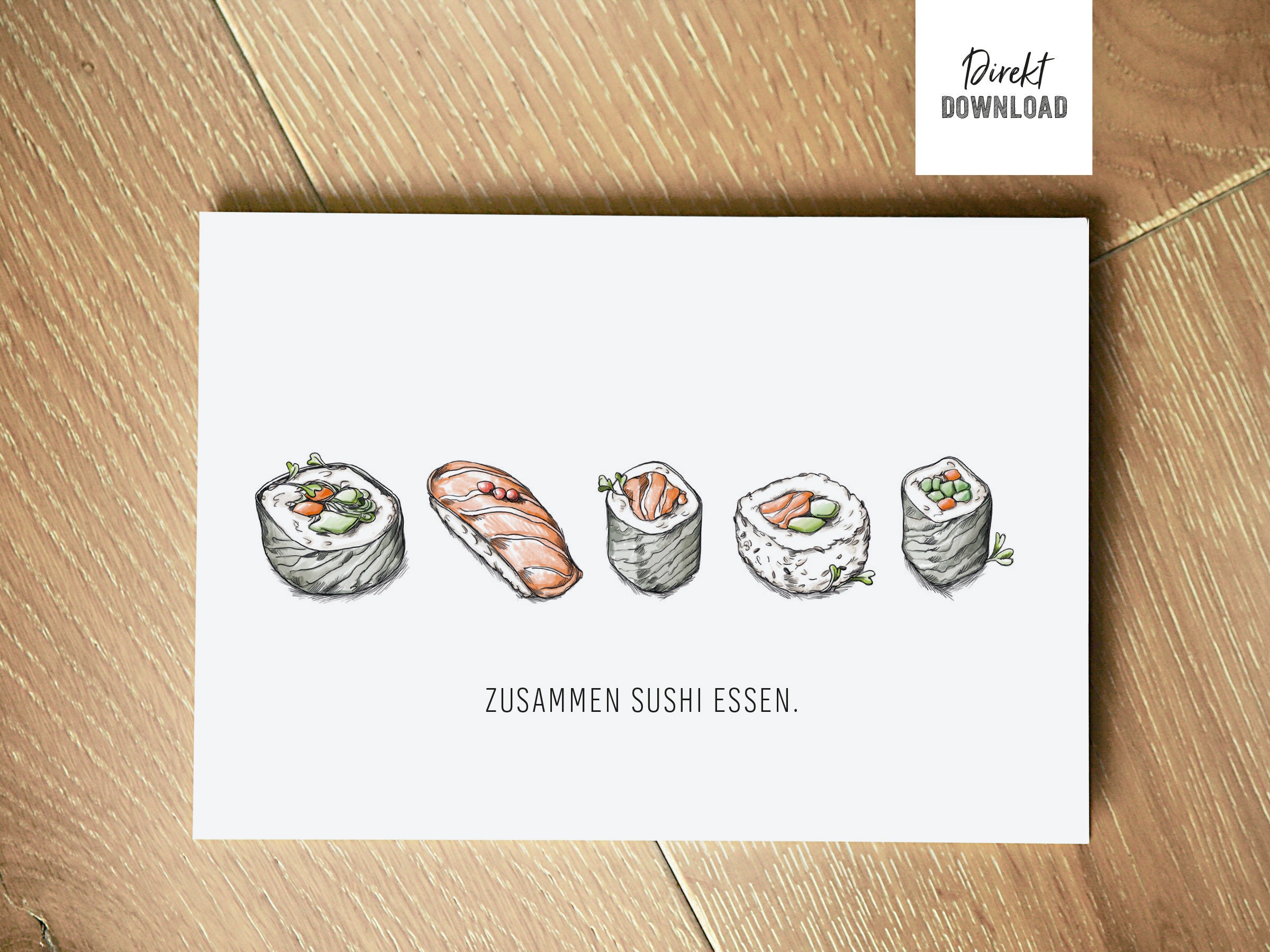 Folding card Eating sushi together, print file, voucher or invitation as a card to print