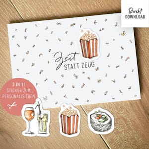 Gutschein Zeit statt Zeug drei Optionen Indoor-Aktivitäten (3 in 1!): Was trinken gehen, Kinobesuch, Sushi essen, Druckdatei