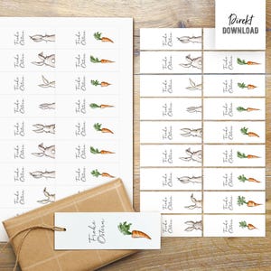 ウサギの耳とニンジンが描かれた印刷可能なイースターギフトタグ、印刷可能なタグ、ギフトやテーブルの装飾用の長方形のラベル