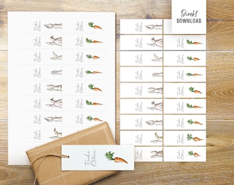Printable Easter gift tags with bunny ears and carrots, printable tags, oblong labels for gifts or table decorations