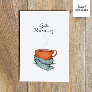 Imprimer la carte pliante « Guérissez bientôt », illustration d'une tasse de thé avec un foulard
