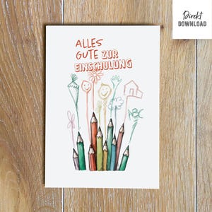 Biglietto di congratulazioni per l'iscrizione a scuola con matite colorate, auguri, file di stampa per biglietti pieghevoli da stampare e realizzare