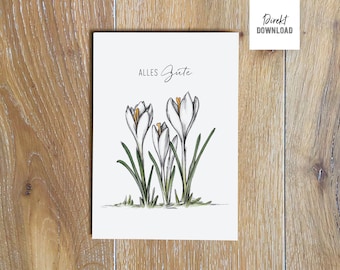 Printable birthday greeting file with crocus motif, foldable card for crafting, greeting card download