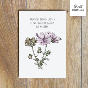 Stampa biglietto pieghevole con scritta 'Lasciare le piante in piedi è come lasciarle crescere, solo peggio.', illustrazione malva in fiore e appassimento