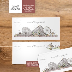 Gutschein Besuch im Freizeitpark mit Achterbahn, Druckdatei für DIN Lang zum Ausdrucken und Basteln