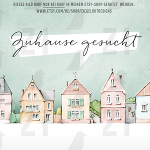Hübsche Stadthäuser mit Wetterhahn, Zuhause gesucht, Variante Wasserfarbe, für Kleinanzeigen, Postkarten, Flyer, Sofort-Download, Digital