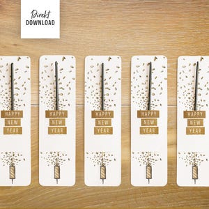 Afdrukbare glitterband met gouden confetti, Gelukkig Nieuwjaar, set van vijf
