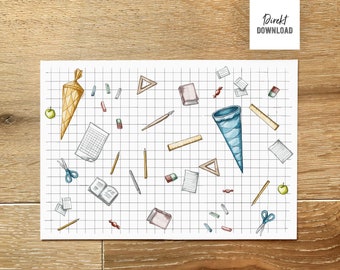Geschenkpapier Muster Schulanfang mit Schulsachen, Direkt-Download, Printable