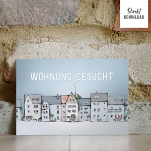 Recherche d'un appartement en ville, illustration pour la recherche de maison, pour petites annonces, cartes postales, dépliants, téléchargement instantané, produit numérique