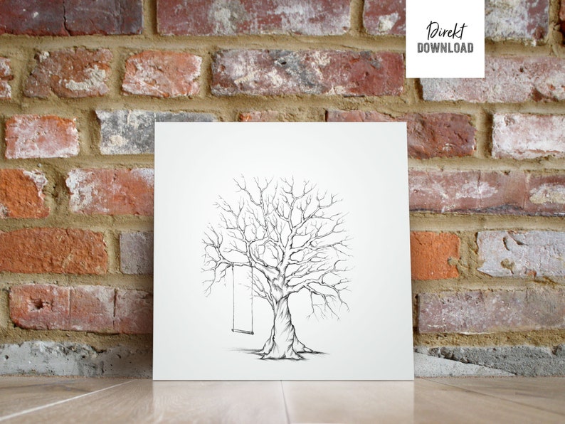 Baum-Motiv mit Schaukel, für Hochzeiten, Baum für Fingerabdrücke, Illustration, Download Bild 2