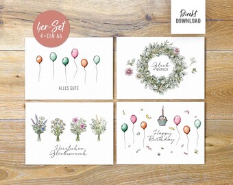May include: A set of four rectangular greeting cards featuring watercolor illustrations. Designs include colorful balloons, a floral wreath with text, four small flower bouquets, and a cupcake with balloons and the text Happy Birthday.