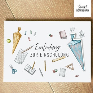 Druckdatei Einladung zur Einschulung mit Schulsachen und Schultüte zum Basteln